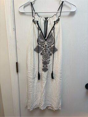 White Embroidered V-Neck Swim Coverup with Black Tassel Detail - boho